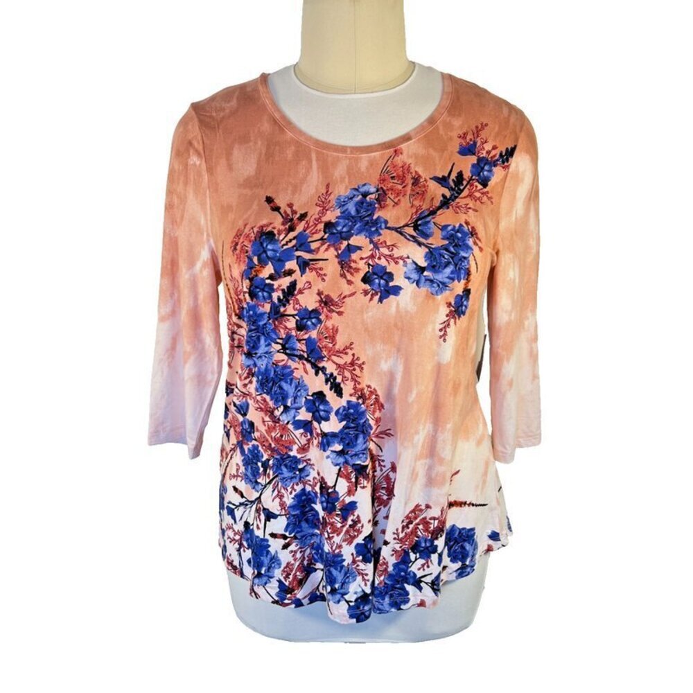 JM Collection Tunic Top Women's XL Peach Ombre with Blue Floral 3/4 Sleeve Scoop